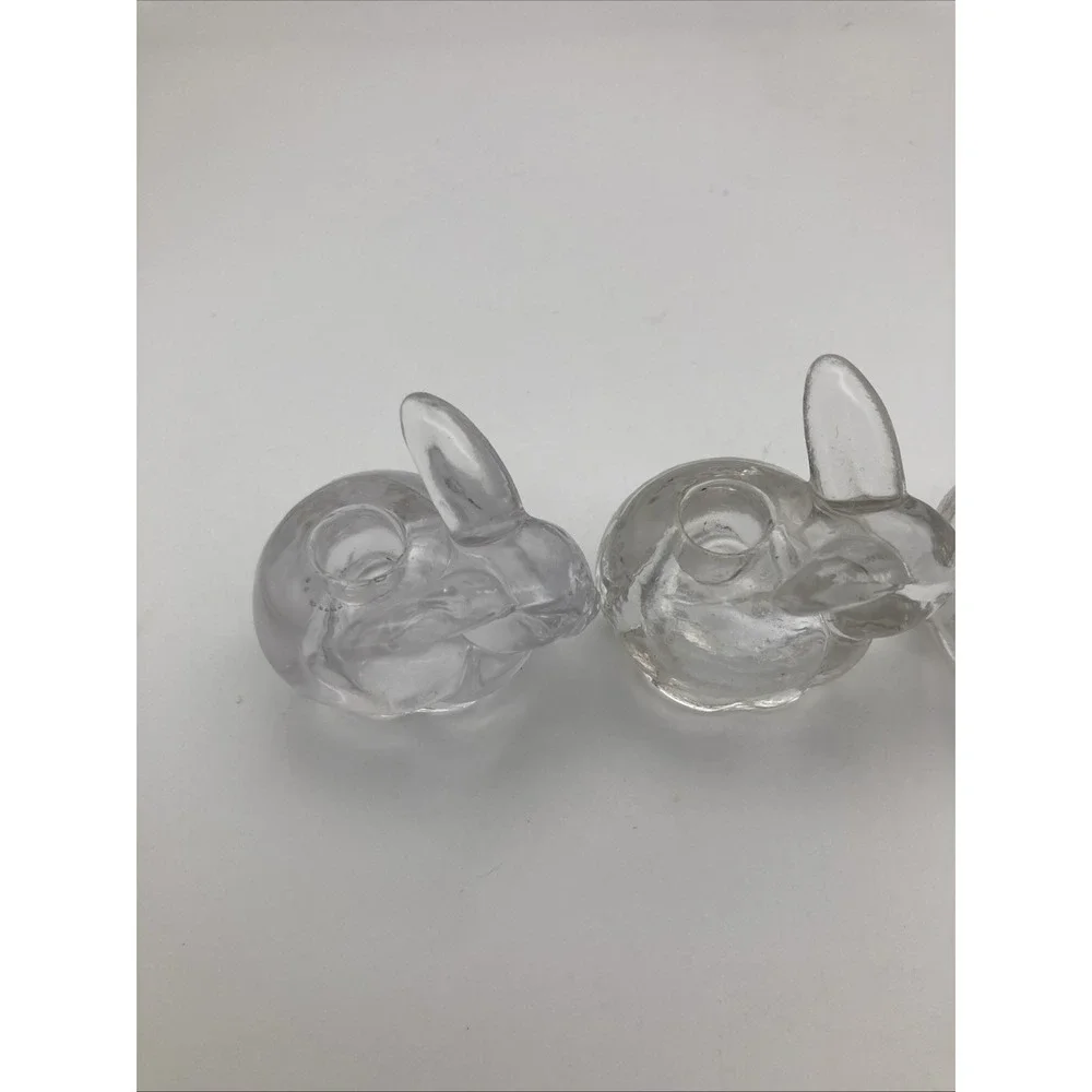 4 Vintage Biedermann Clear Glass Rabbit Small Taper Candle Holder Taiwan 2